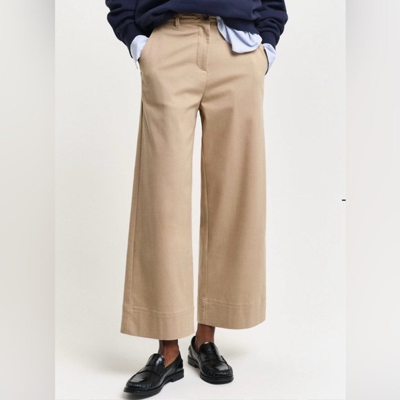 Gant Pants - Gant Women's Tan Wide-Leg Cropped Pants, US Size 8, Cotton Blend, Classic Khaki